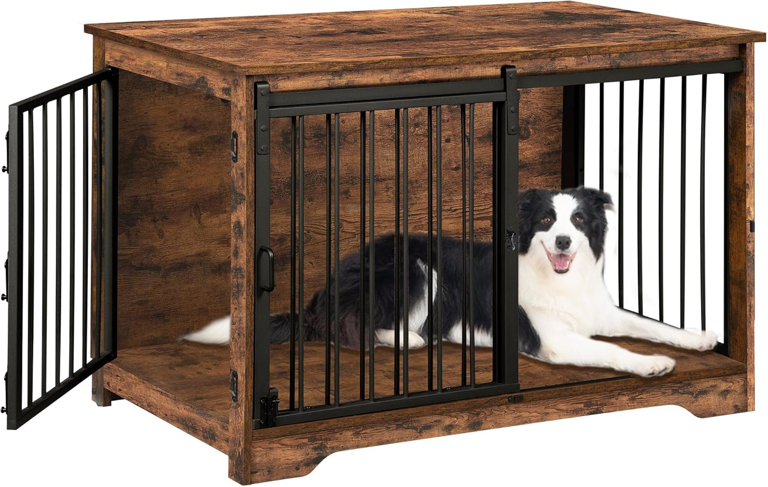 39.3" Dog Crate Furniture with Barn Door, Heavy Duty Dog Kennel Indoor with 2 Doors, Wooden Pet Cage End Table for Large Small Medium Dogs, Anti-Chew Anti-Escape, Rustic Brown DFC02301B