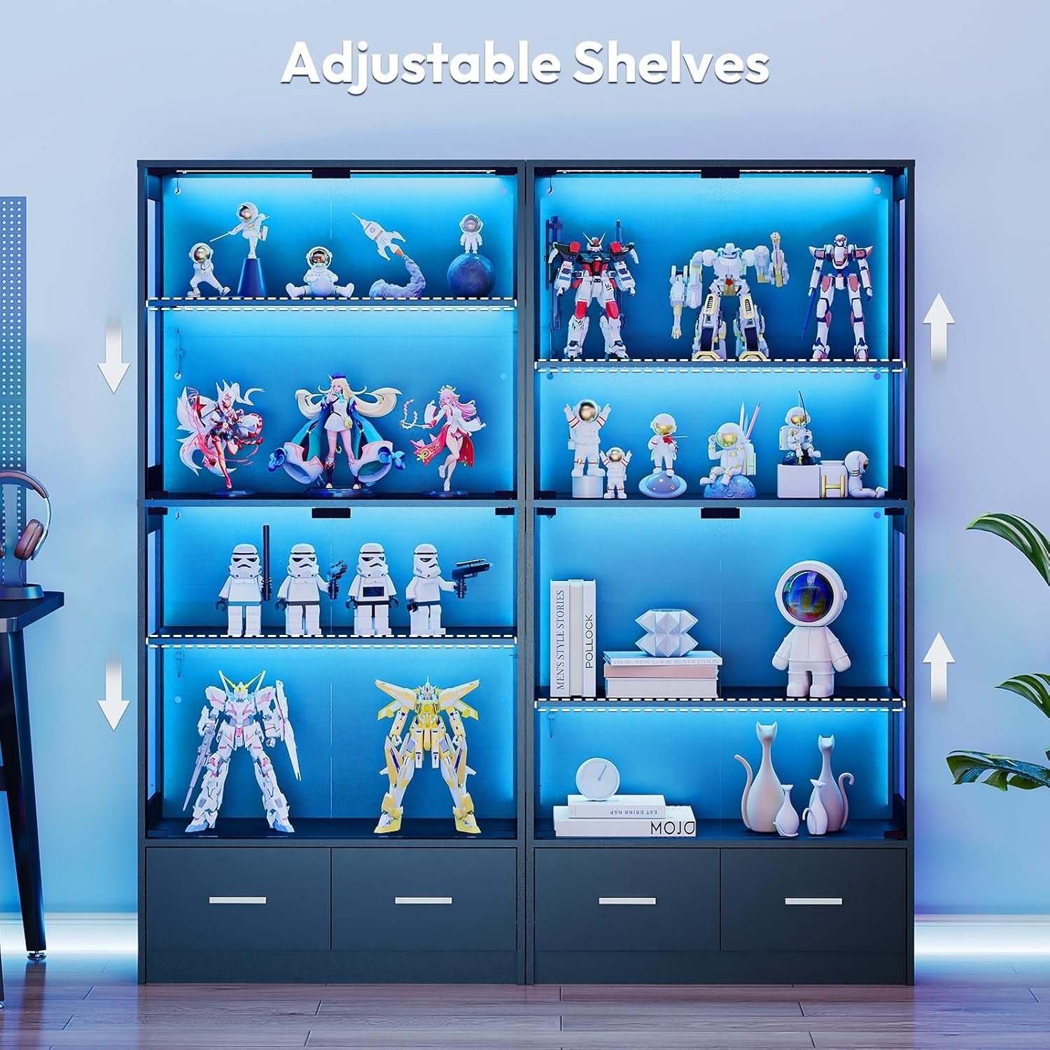 Display Cabinet with Lights - 67" Curio Cabinet for Collectibles with Glass Door and 2 Drawers, 4 Tier Glass Display Case for Living Room, Black