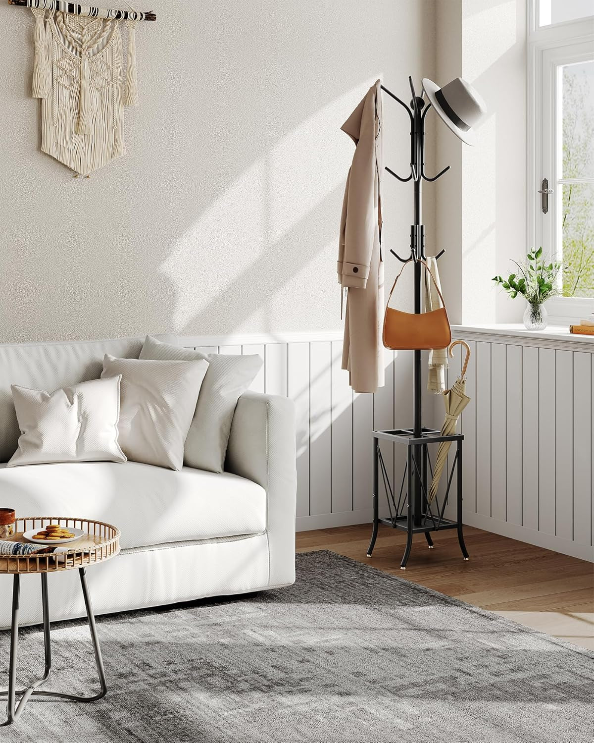 Coat Rack Freestanding, Coat Rack with Umbrella Holder, Entryway Hanger Stand With12 Hooks, Metal Hall Tree for Bags, Coats, Hats, Entryway, Hallway, Living Room, Bedroom, Office Black TYM01BB