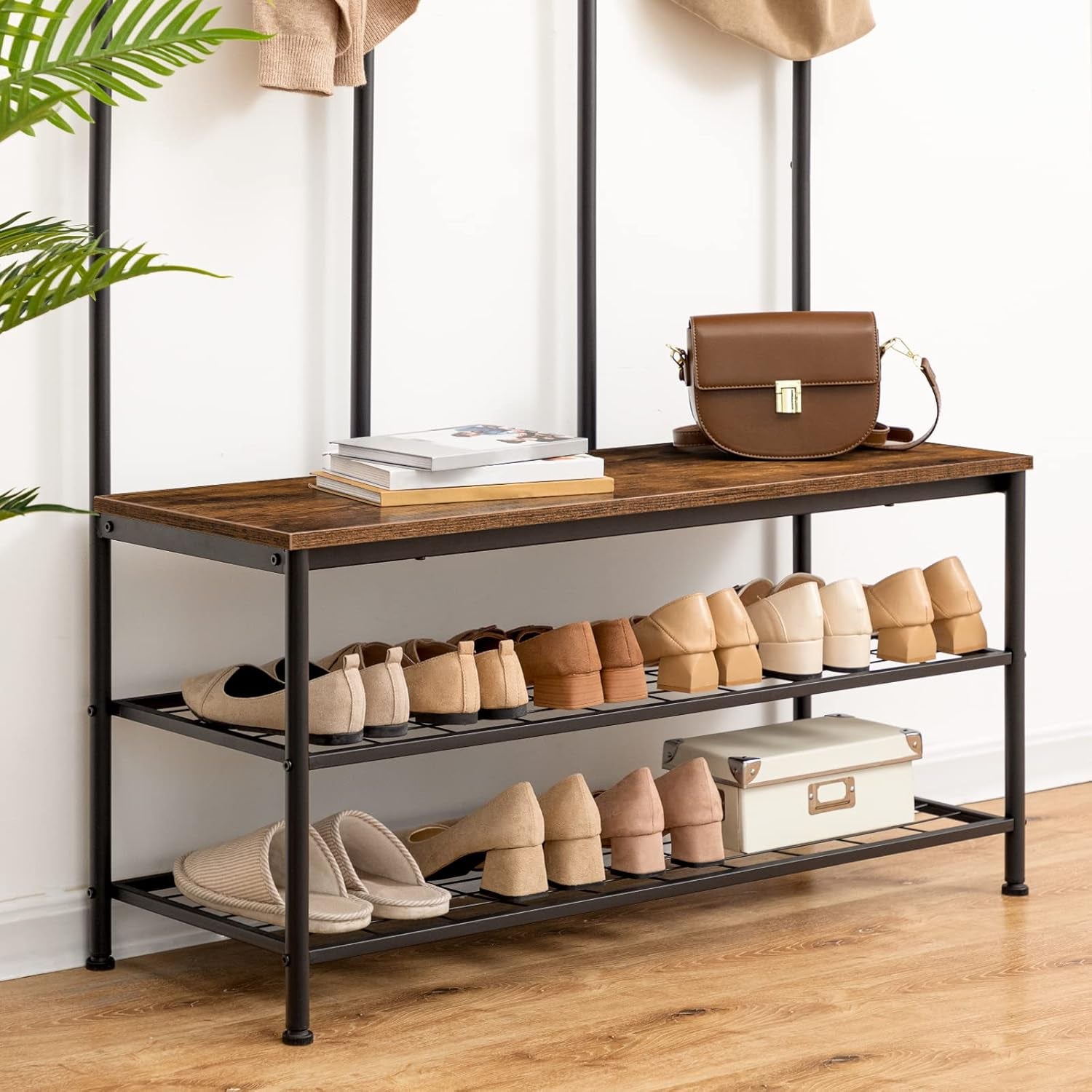 Hall Tree with Bench, Entryway Bench with Coat Rack, Mud Room Rack with 12 Double Hooks and Shoe Storage, Coat Tree, Shoe Rack Organizer, for Foyer, Front Door, Rustic Brown BF05MT01