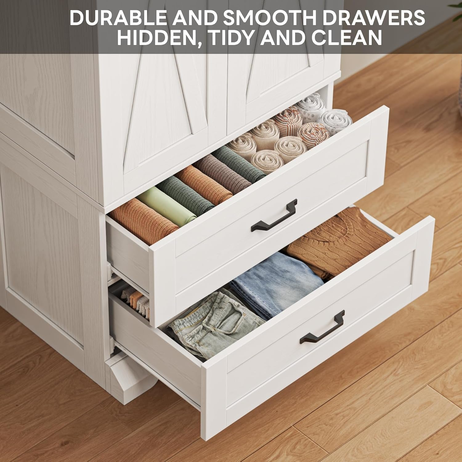 Armoire Wardrobe Closet 70.9" H, Bedroom Wooden Wardrobe with 2 Doors, 2 Drawers and Sensor Light, Clothing Storage Cabinet Organizer Combination with Hanging Rod, Hooks, White