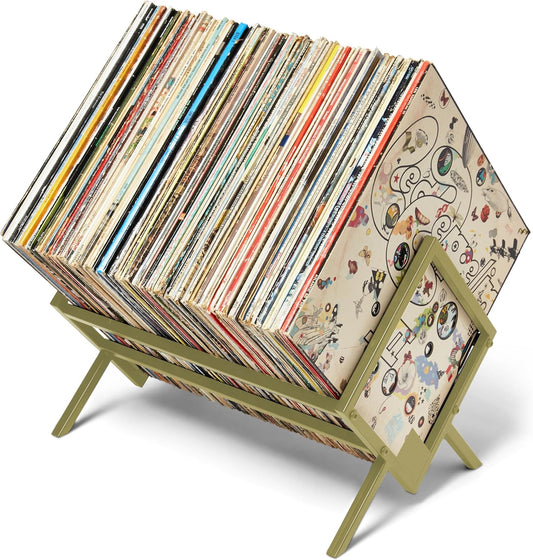 Record Storage Holder - Vinyl Record Holder Stand 80-100 LP - Vinyl Record Storage Rack - Quick Assebmly with Divider Support Bar - Organize Albums, Book, Magazine, File (Gold 1 Tier)