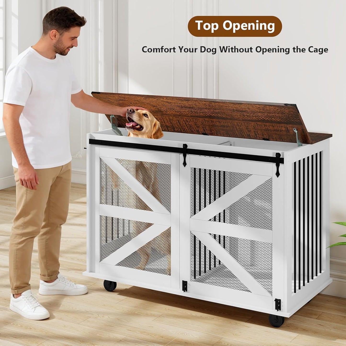48 Inch XL Dog Crate, Wood XXL Dog Crate Furniture with Wheels, Flip-Top Feeding Door, Removable Divider, Farmhouse End Table Dog Crate with Sliding Barn Door, White