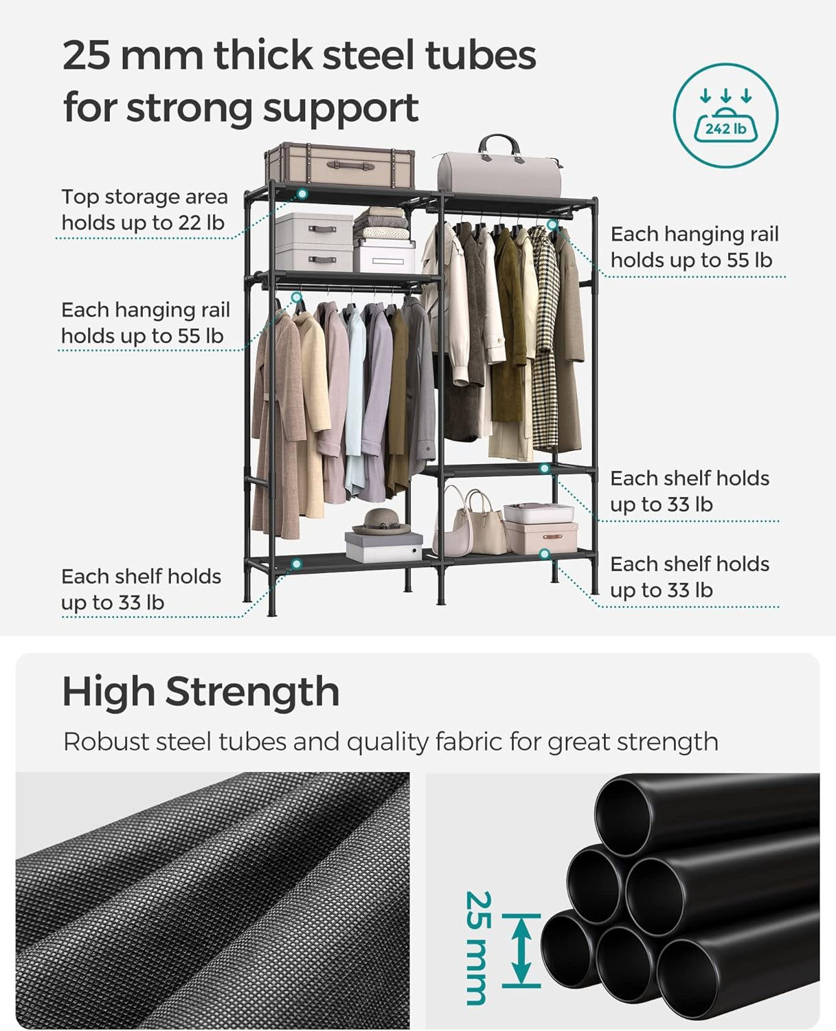 Heavy Duty Clothes Rack, 65 Inch Freestanding Portable Wardrobe with Hanging Rails and Shelves, Total Load 242 Lb, Easy Assembly, for Cloakroom, Bedroom, Black URDR201B02