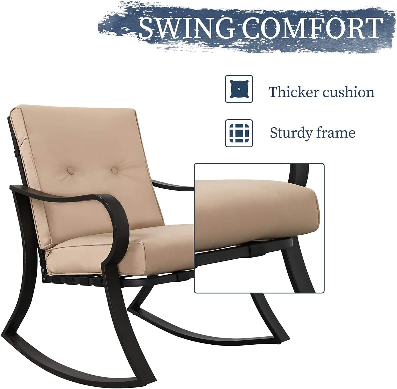 Oakmont Outdoor Furniture 3 Piece Conversation Bistro Set Rocking Chairs and Glass Top Table, Thick Cushions, Black Steel (Brown)