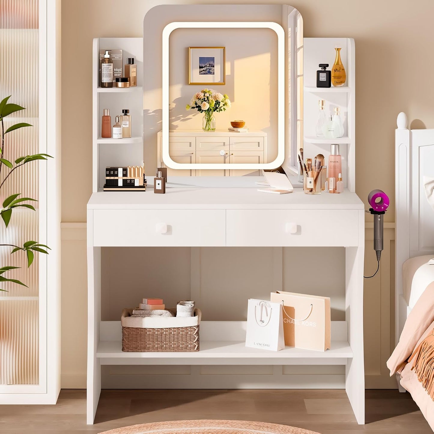 Small Makeup Vanity Desk, 29.5" W X 15.8" D X 51.2" H, White (Smart LED Mirror, Hairdryer Rack, Power-Outlet, 5 Shelves, 2 Drawers)