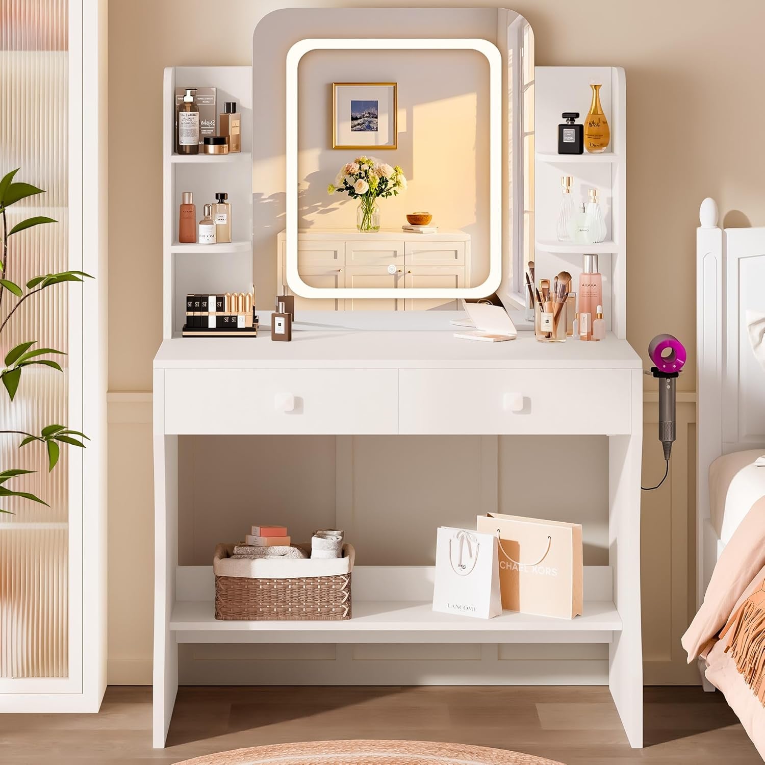 Small Makeup Vanity Desk, 29.5" W X 15.8" D X 51.2" H, White (Smart LED Mirror, Hairdryer Rack, Power-Outlet, 5 Shelves, 2 Drawers)
