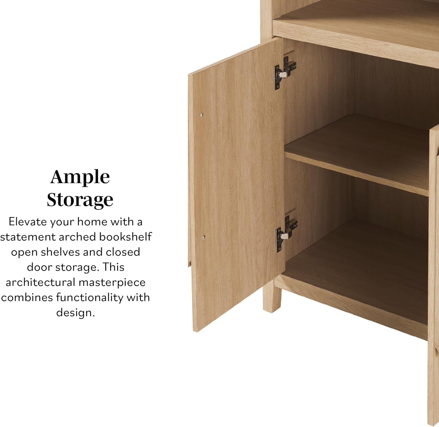 Chantelle Modern Arched Bookcase with Statement Wood Cabinet Pulls - Coastal Oak