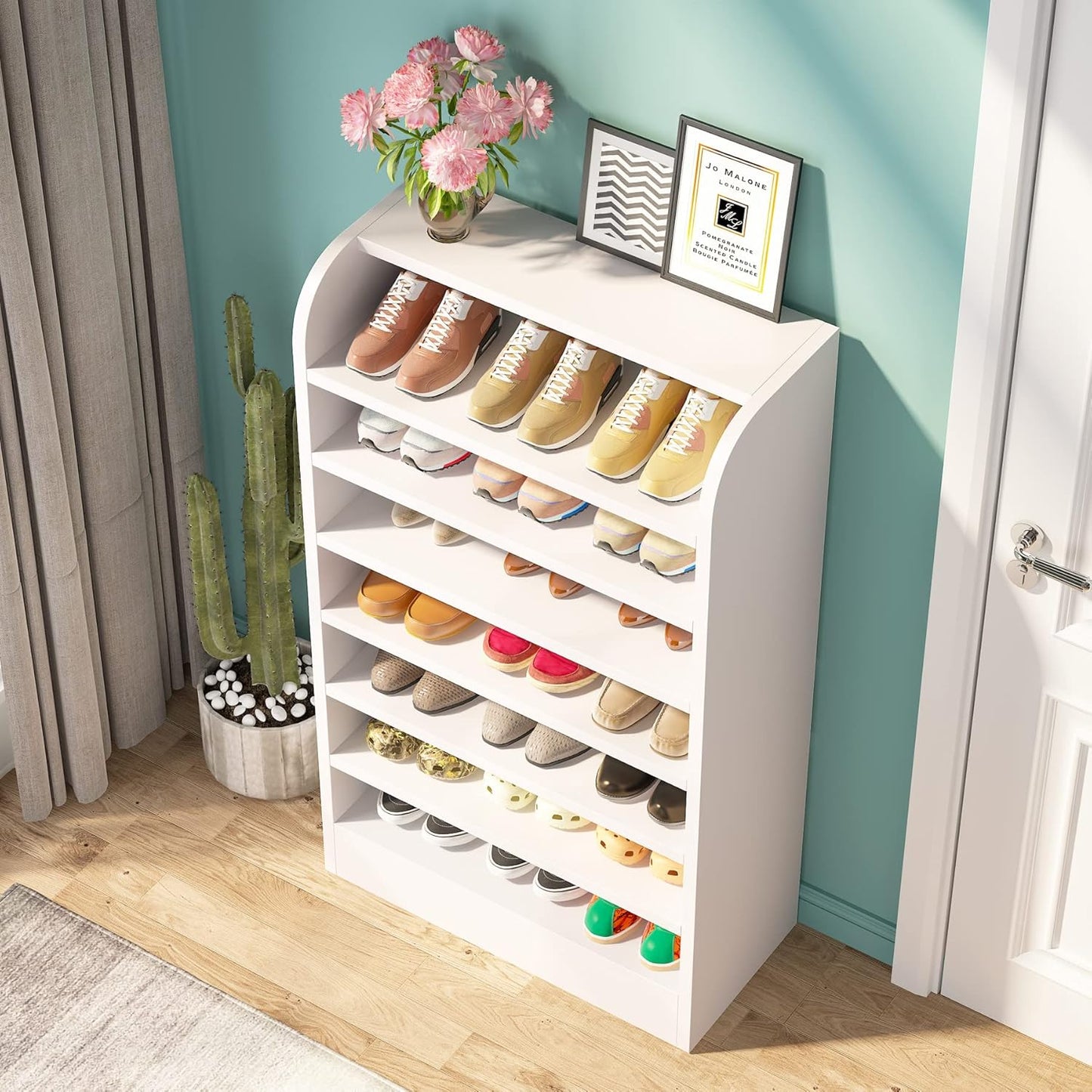 Shoe Rack, 8-Tier Tall Shoe Shelf, Wooden Shoe Storage Cabinet, White