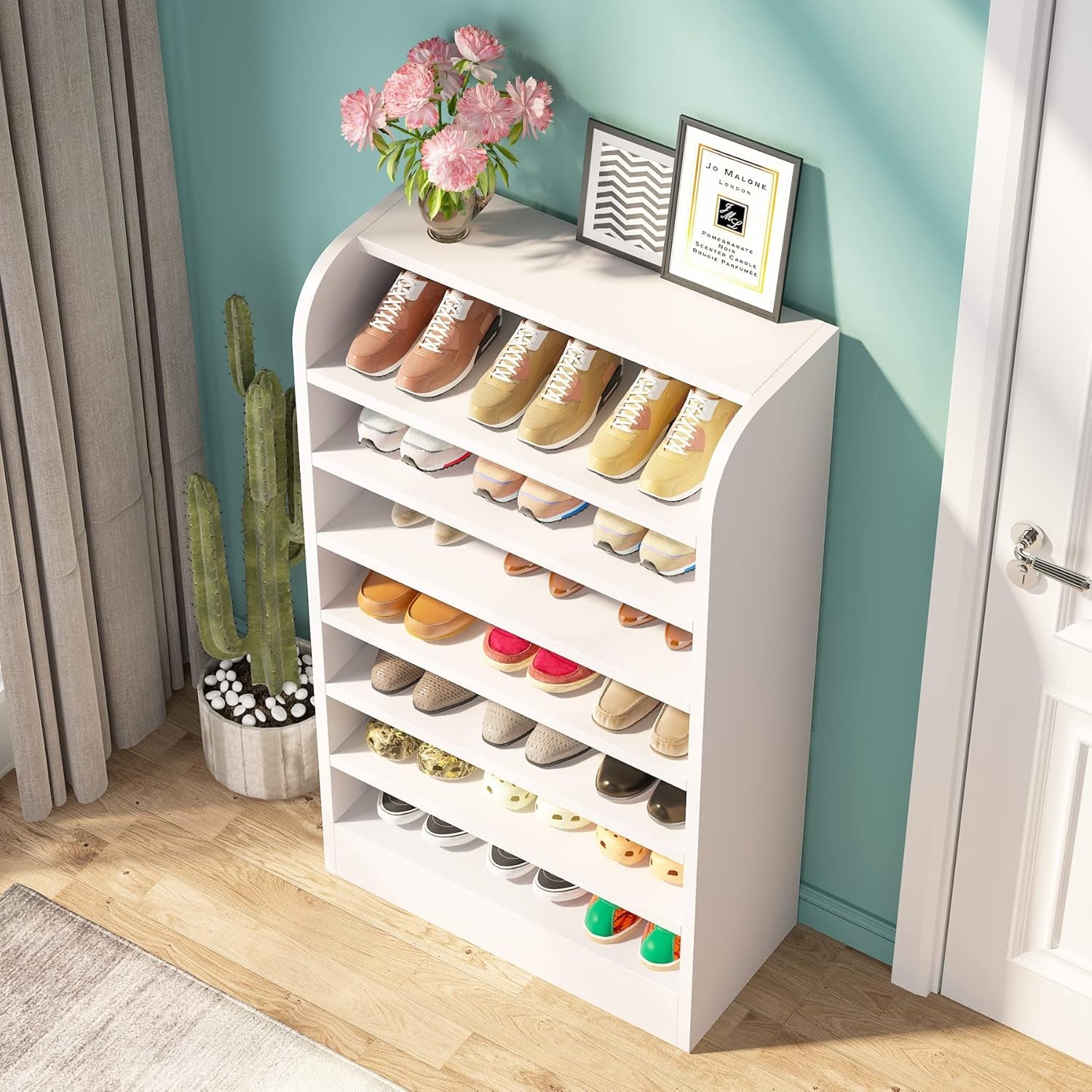 Shoe Rack, 8-Tier Tall Shoe Shelf, Wooden Shoe Storage Cabinet, White