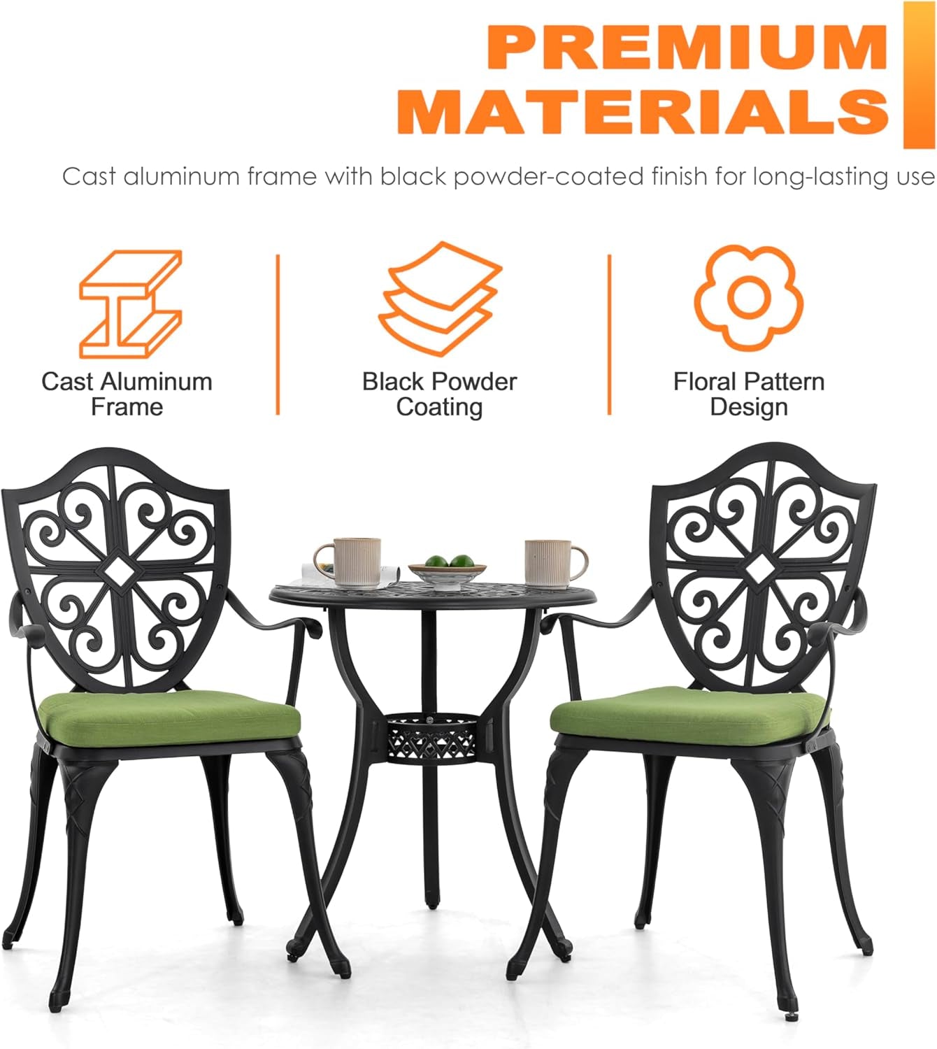 Outdoor 3-Piece Bistro Set with Cushions, round 24 Inch Cast Aluminum Bistro Table with 2.17" Umbrella Hole, 2 Cast Aluminum Bistro Chairs, for Patio, Garden, Backyard and Balcony, Black