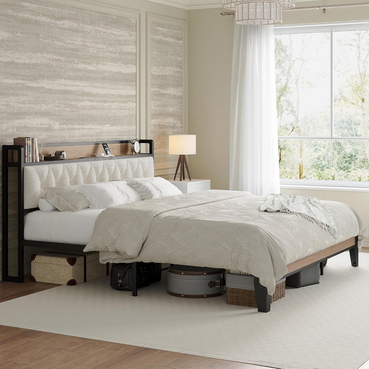 Queen Bed Frame, Storage Headboard with Charging Station, Platform Bed Frame with Strong Metal Support, Sturdy and Stable, Noise Free, No Box Spring Needed, Easy Assembly