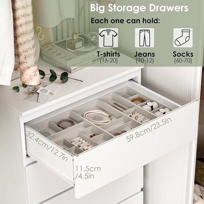 White Dresser, 6 Drawer Dresser, Modern Tall Floor Storage Cabinet with Metal Sliding Rail, Wooden Handleless Drawer Cabinet, 6-Layer Large Capacity Vertical Dressers for Home & Office