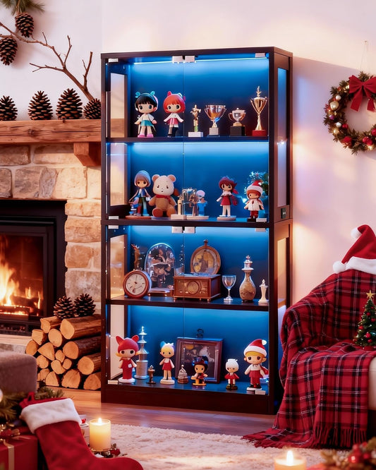 Display Cabinet with Glass Doors 4-Tier, 7 Vibrant Colors 3 Dynamic Lighting Modes, HD Glass Storage Cabinet with Human Body Sensor for Curio, Trophy, Collectibles (Black)