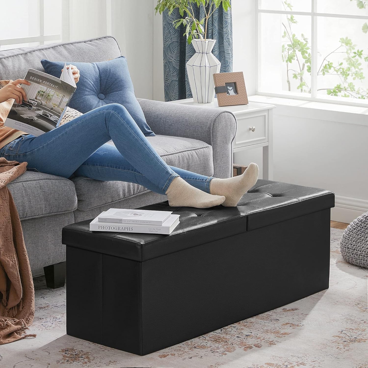MAZIE Collection - 43 Inches Storage Ottoman Bench with Flipping Lid, Storage Chest with Iron Frame Support, Load 660 Lb, for Living Room, Bedroom, Synthetic Leather, Black ULSF75BK