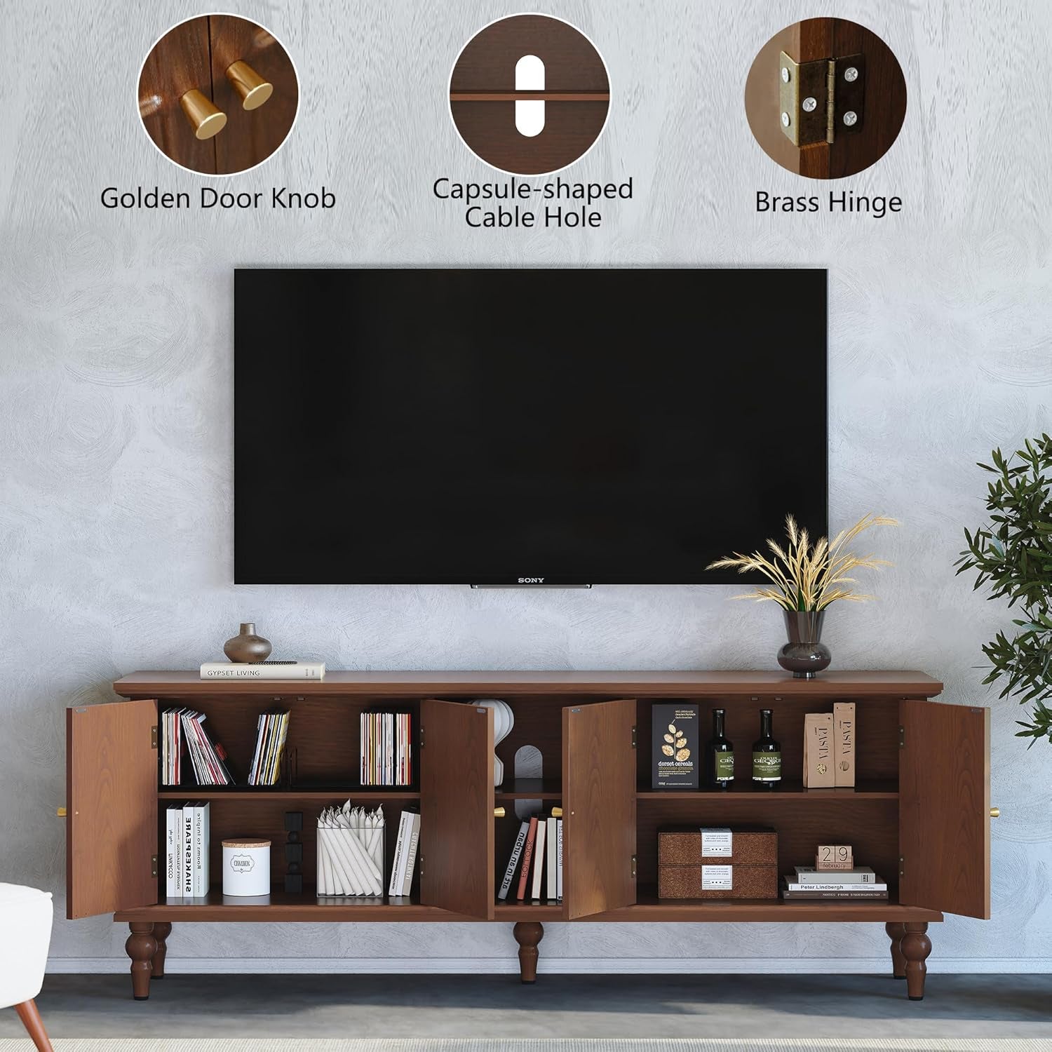 67" Mid Century Modern TV Stand with Window Design,Wood Entertainment Center with Open Shelf,Up to 70" Media TV for Living Room or Bedroom,Walnut