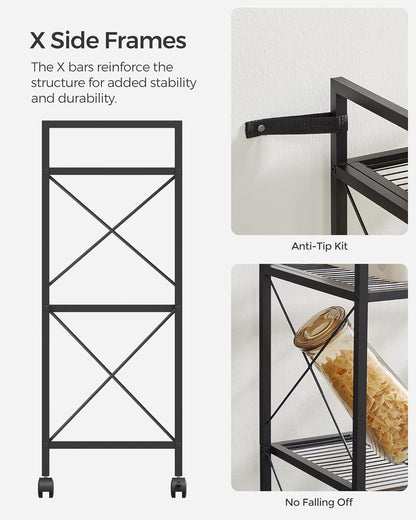 3-Tier Metal Storage Rack with Wheels, Mesh Shelving Unit with X Side Frames, 23.6-Inch Width, for Entryway, Kitchen, Living Room, Bathroom, Industrial Style, Black UBSC163B01