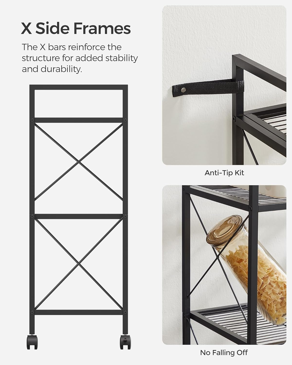 3-Tier Metal Storage Rack with Wheels, Mesh Shelving Unit with X Side Frames, 23.6-Inch Width, for Entryway, Kitchen, Living Room, Bathroom, Industrial Style, Black UBSC163B01