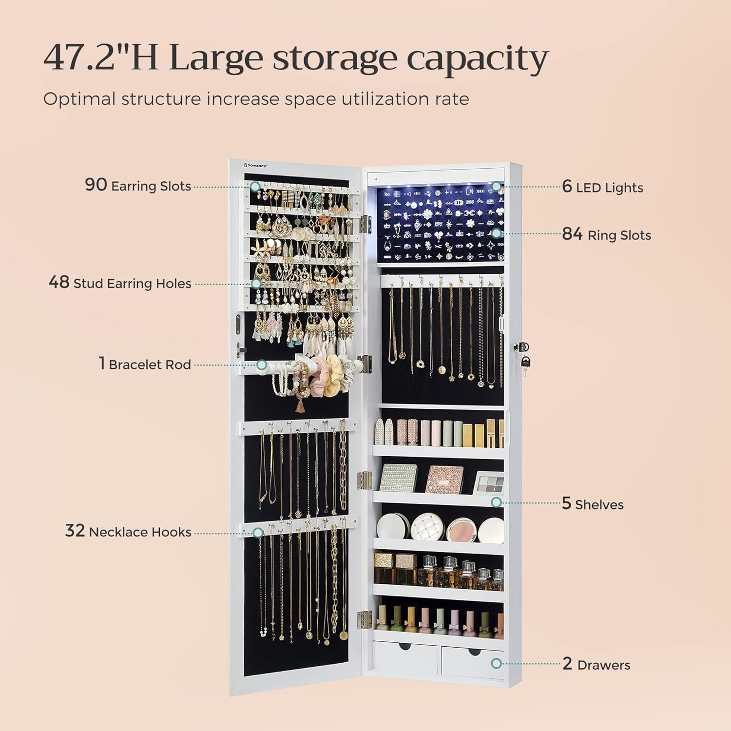 6 Leds Mirror Jewelry Cabinet, 47.2-Inch Tall Lockable Wall or Door Mounted Jewelry Armoire Organizer with Mirror, 2 Drawers, 3.9 X 14.6 X 47.2 Inches, White UJJC93W
