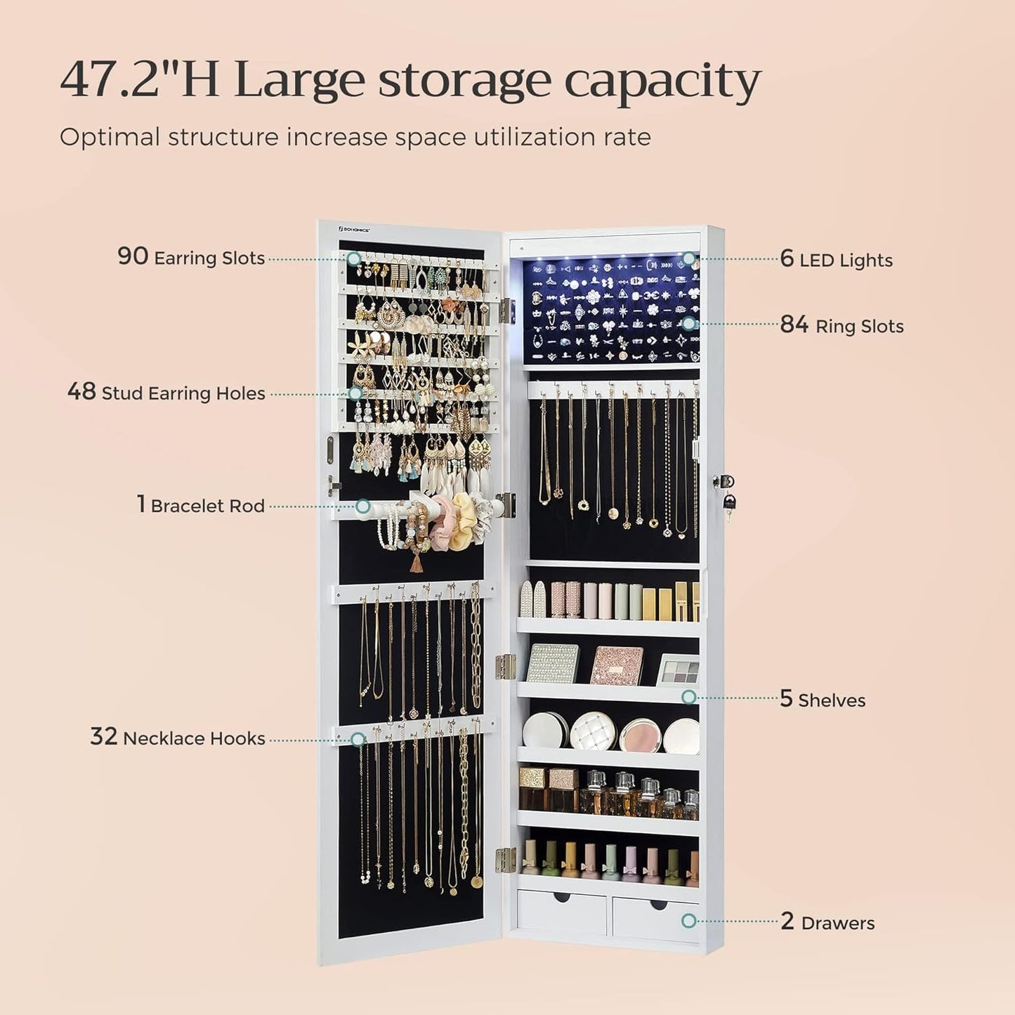 6 Leds Mirror Jewelry Cabinet, 47.2-Inch Tall Lockable Wall or Door Mounted Jewelry Armoire Organizer with Mirror, 2 Drawers, 3.9 X 14.6 X 47.2 Inches, White UJJC93W