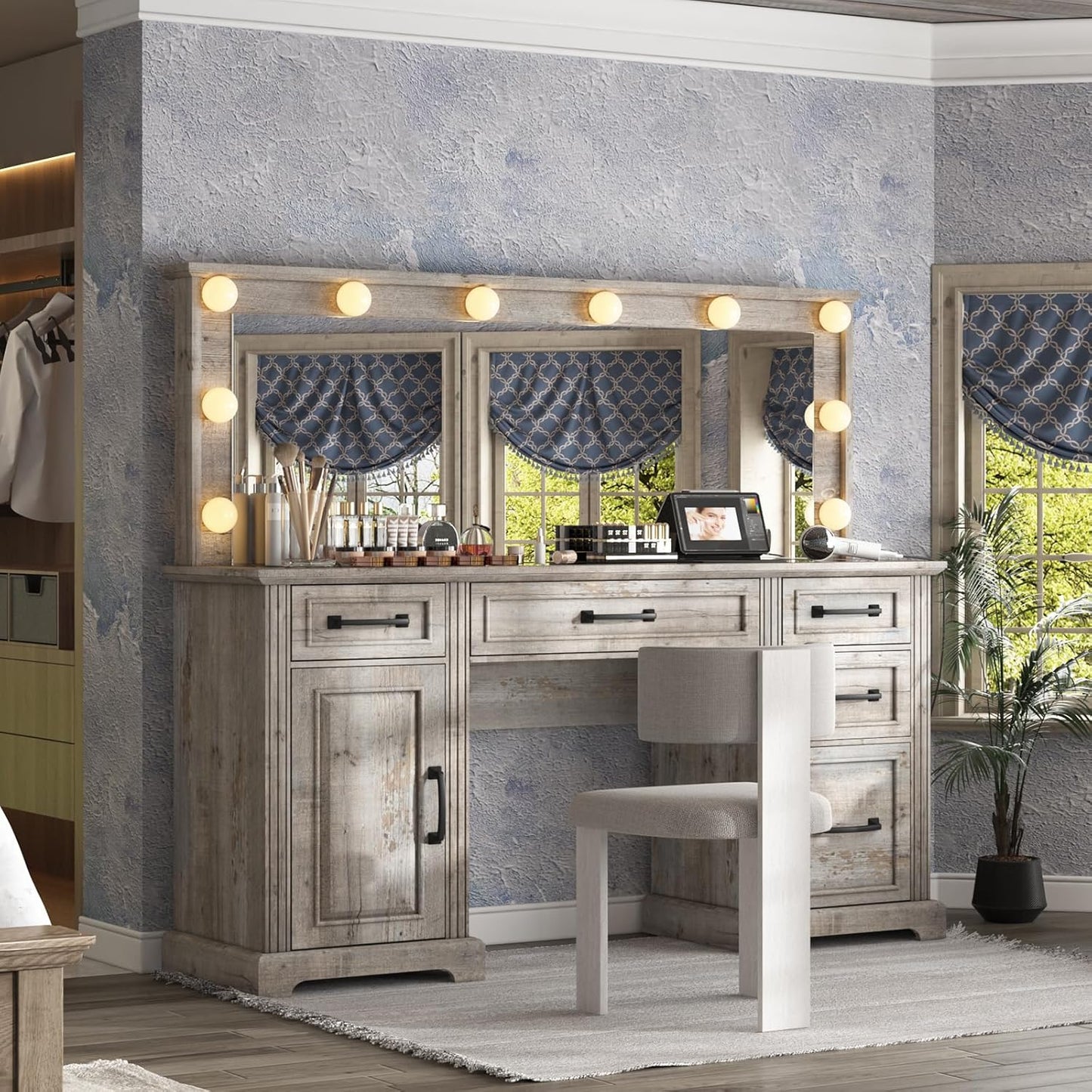 55" W Makeup Vanity with Hollywood Mirror, Glass Top Vanity with 5 Drawers & Charging Station, 10 Detachable Light Bulbs, Adjustable Brightness, Light Oak