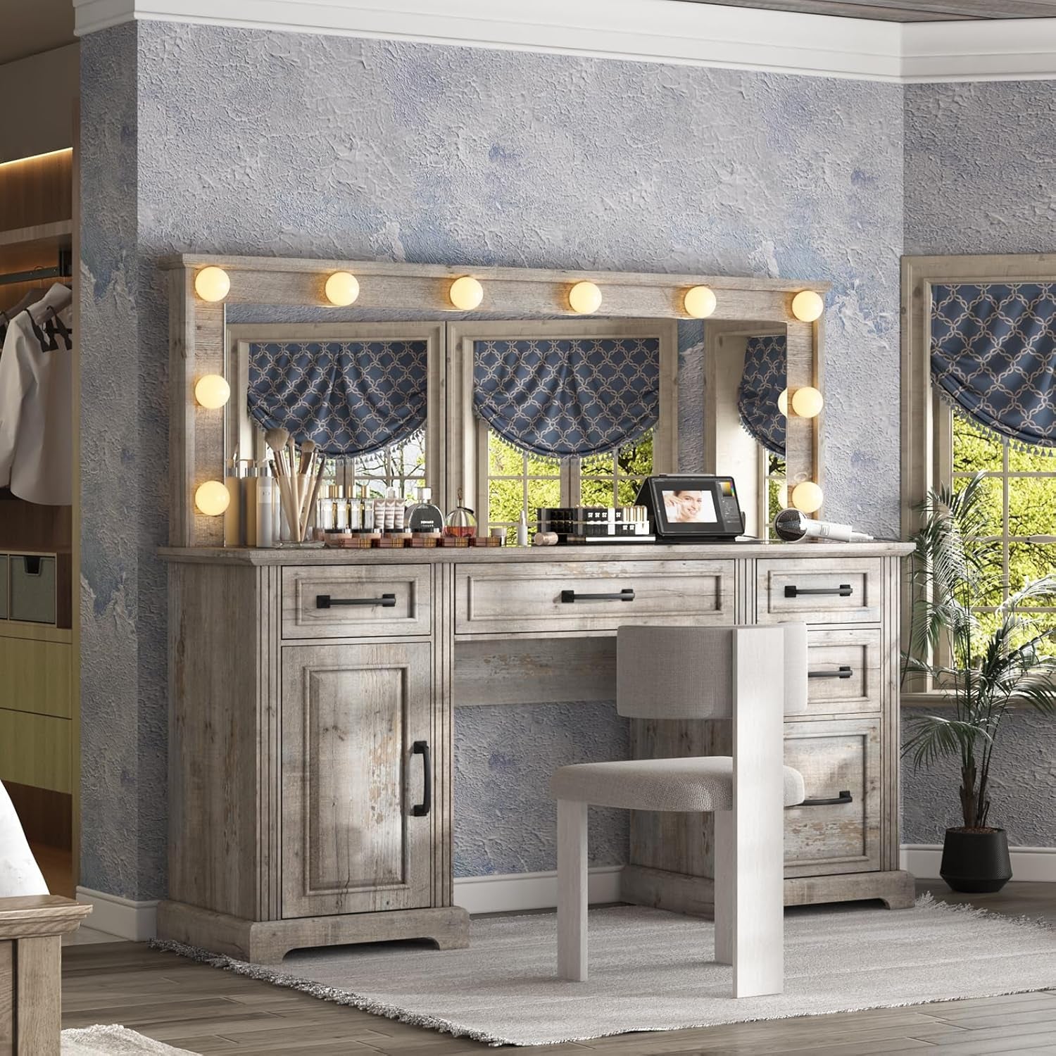 55" W Makeup Vanity with Hollywood Mirror, Glass Top Vanity with 5 Drawers & Charging Station, 10 Detachable Light Bulbs, Adjustable Brightness, Light Oak