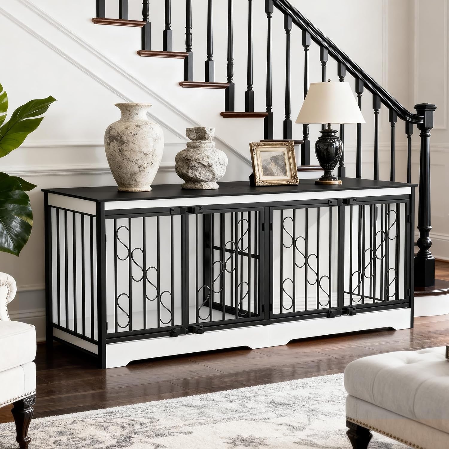 71 Inch Dog Crate Furniture for 2 Dogs, Extra Large Double Dog Cage Large Breed, Heavy Duty Wooden Dog Kennel Furniture TV Stand, Sturdy Dog Kennel with Divider for Large Dogs, White