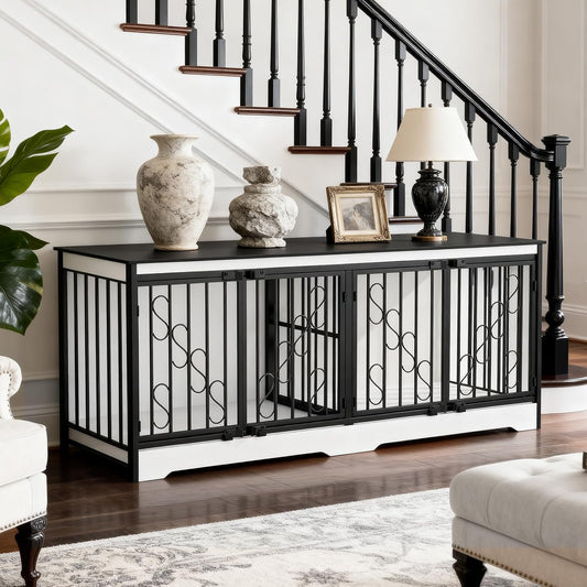 71 Inch Dog Crate Furniture for 2 Dogs, Extra Large Double Dog Cage Large Breed, Heavy Duty Wooden Dog Kennel Furniture TV Stand, Sturdy Dog Kennel with Divider for Large Dogs, White
