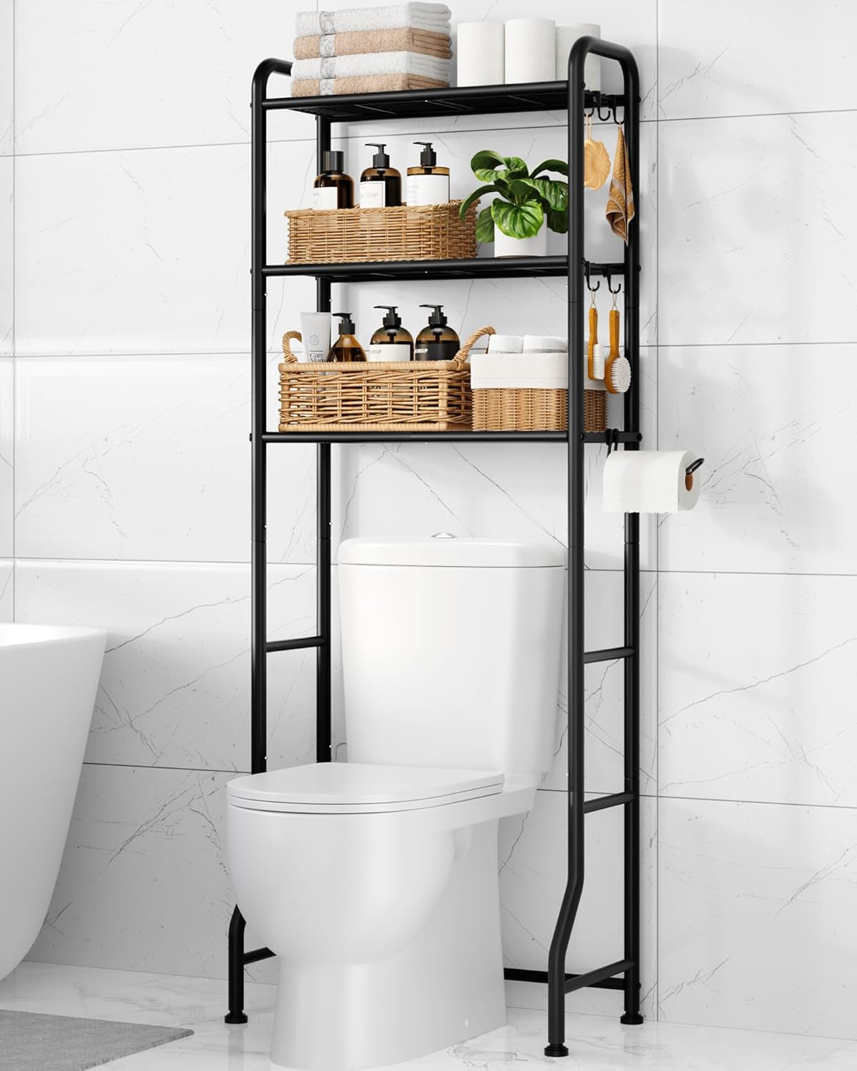 over Toilet Storage Rack - Metal over Toilet Bathroom Organizer Shelf, over the Toilet Storage Cabinet with Paper Holder and Hooks, Bathroom Cabinet for Laundry, Black, 3 Tiers (63.2" H)