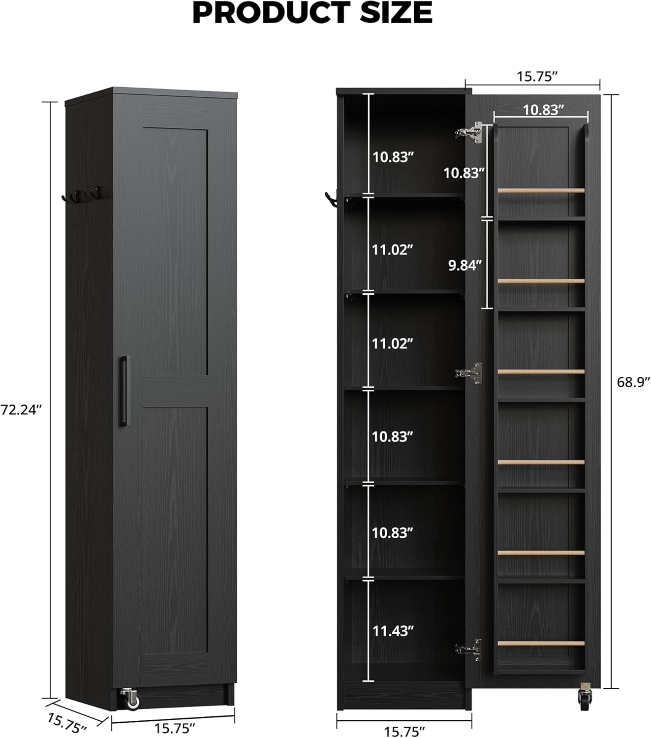 Narrow Kitchen Pantry Storage Cabinet, 72" Slim Single Door with 6 Adjustable Shelves, Door Rack and Wheels, Space Saving Freestanding Storage Floor Cabinet for Small Place, Black
