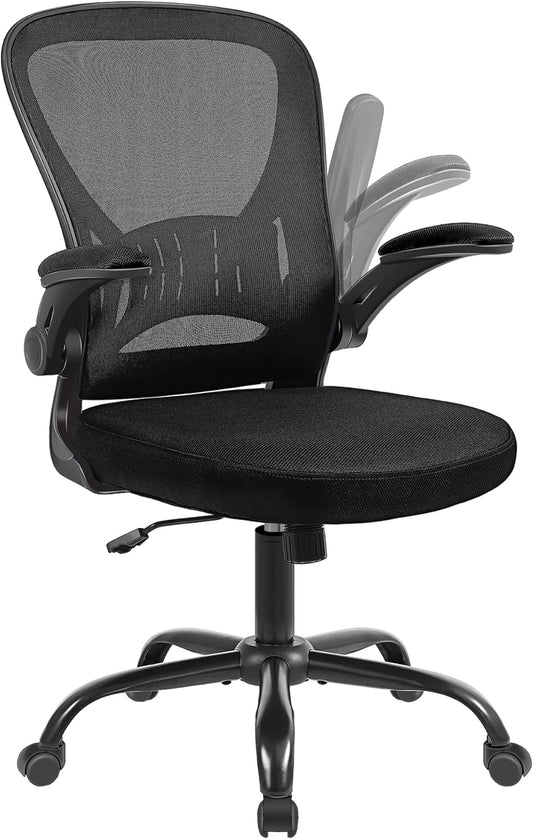 Mesh Office Chair, Ergonomic Home Office Desk Chairs with Flip-Up Arms and Lumbar Support, Height Adjustable, Black