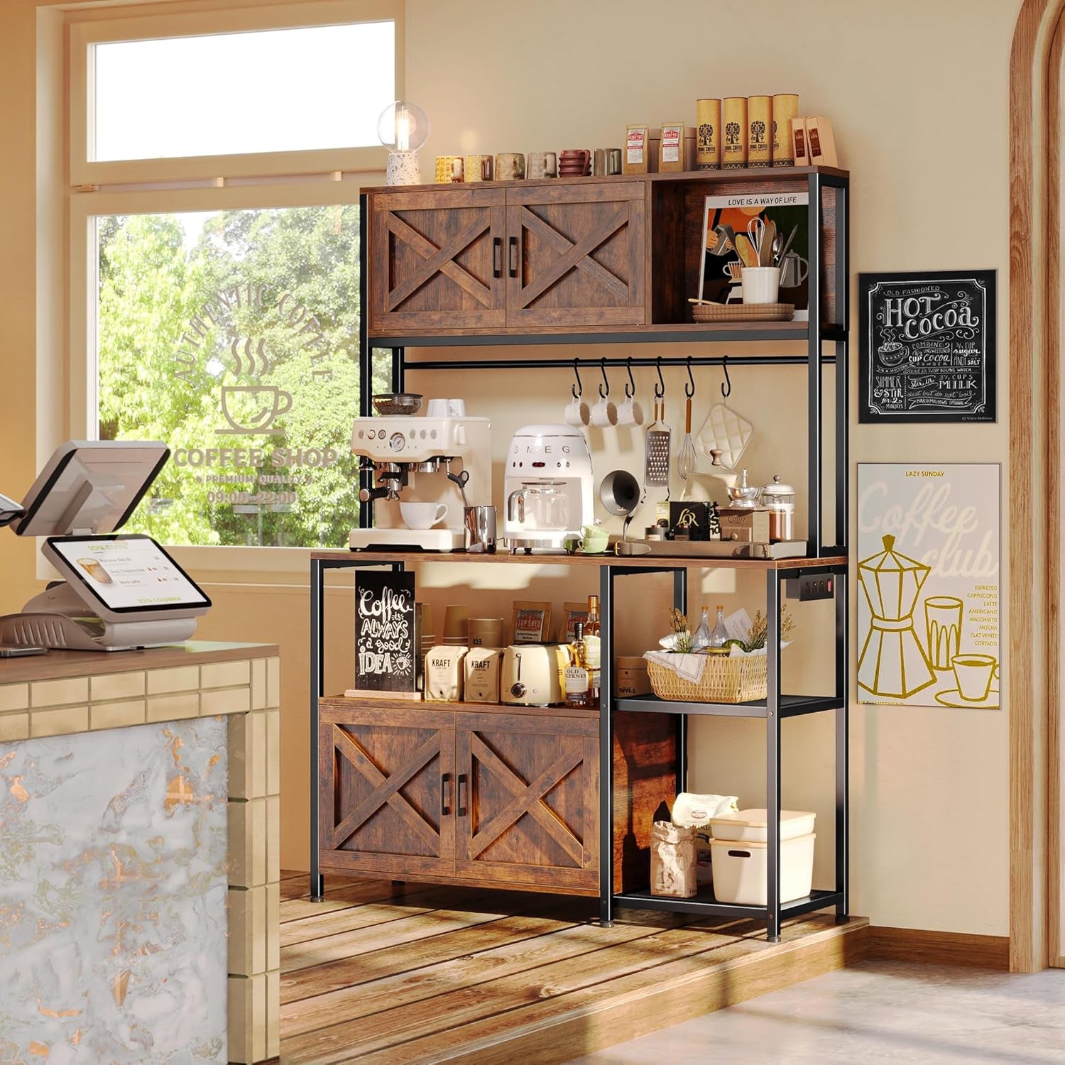 Large Bakers Rack with Power Outlet, Kitchen Microwave Stand with Cabinets, Coffee Bar Table Station with Storage, 6 S-Shaped Hooks, Mesh Shelves, 45 Inch Wooden Top, Rustic Brown