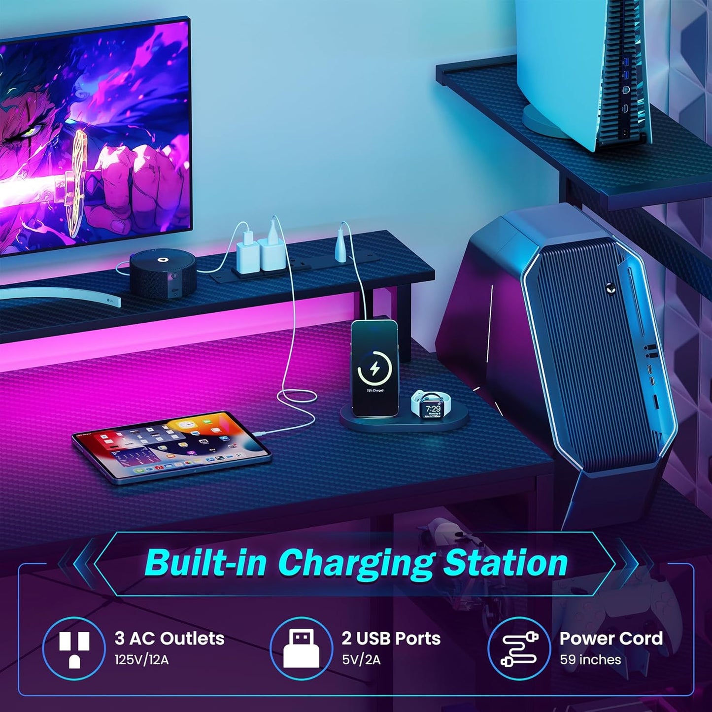 59 Inch Gaming Desk with LED Lights and Power Outlets, Computer Desk with Storage Shelves, Fabric Drawers, Monitor Stand & Side Hook, Reversible Gamer Table for Home Office, Carbon Fiber Black