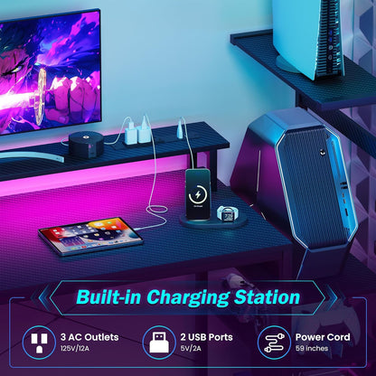 59 Inch Gaming Desk with LED Lights and Power Outlets, Computer Desk with Storage Shelves, Fabric Drawers, Monitor Stand & Side Hook, Reversible Gamer Table for Home Office, Carbon Fiber Black
