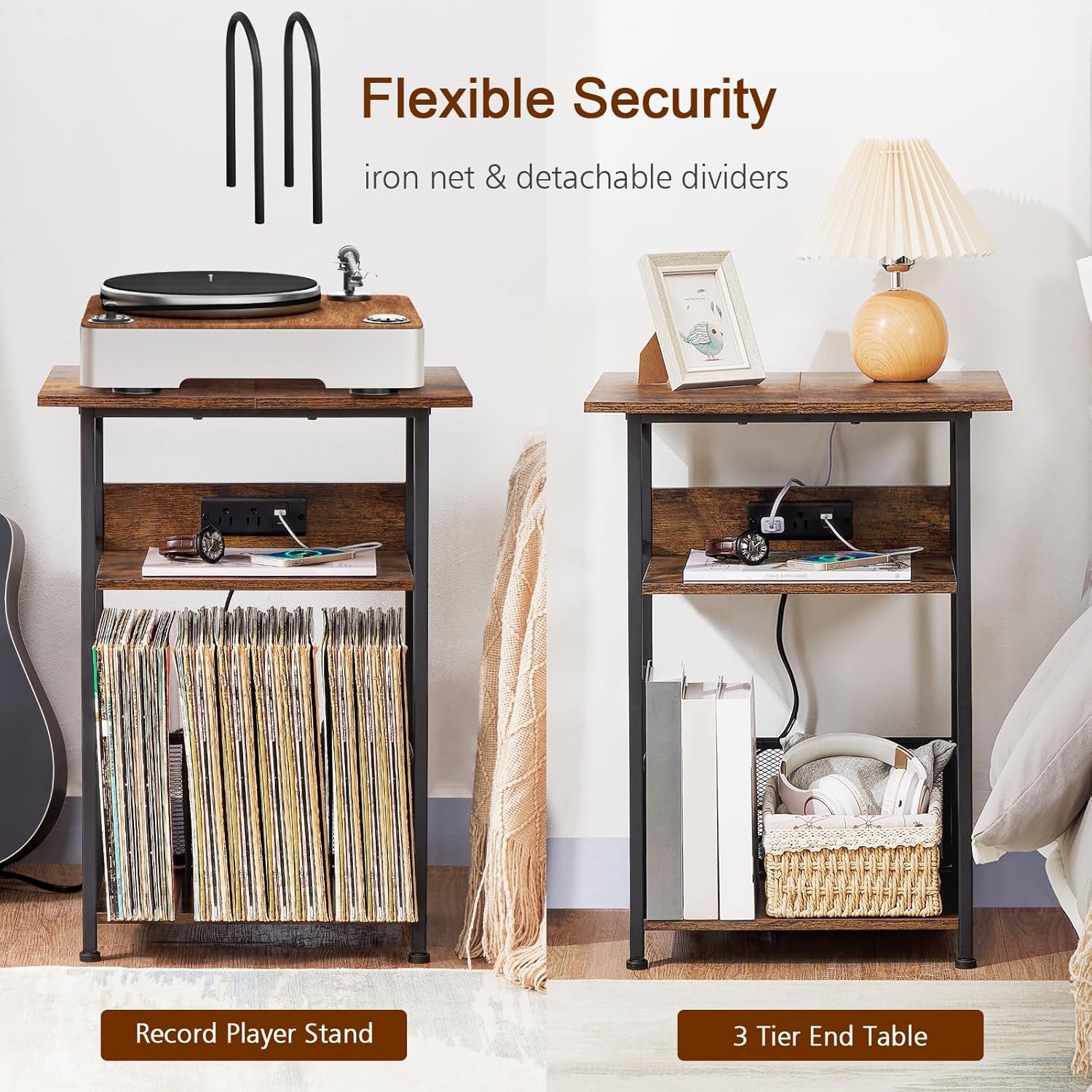 Record Player Stand with Charging Station, Large Turntable Stand with Storage Cabinet, 3 Tier End Table Hold up to 100 Albums, Record Stand for Vinyl, Living Room, Brown, HETCD012BR-1
