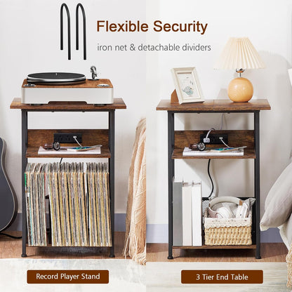 Record Player Stand with Charging Station, Large Turntable Stand with Storage Cabinet, 3 Tier End Table Hold up to 100 Albums, Record Stand for Vinyl, Living Room, Brown, HETCD012BR-1