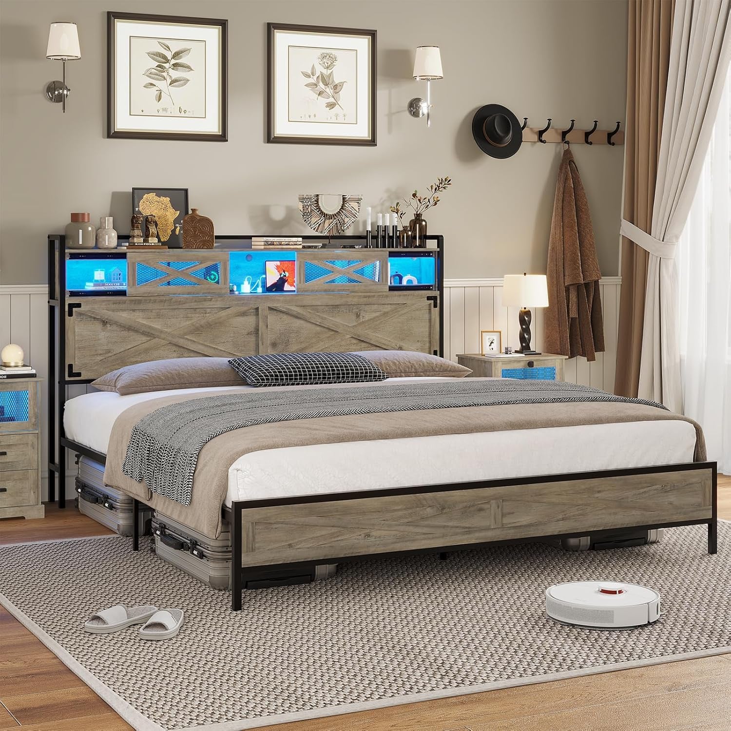 Queen Bed Frame with Storage Headboard, Platform Bed Queen Size with Charging Station and LED Lights, Farmhouse Rustic Bed with Sliding Barn Door, Rustic Oak