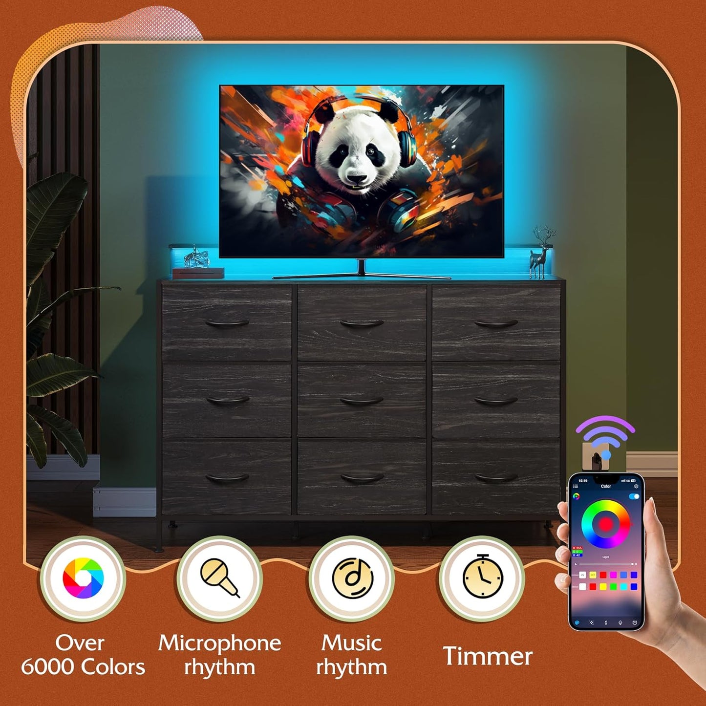 Black Dresser TV Stand for 45, 50, 55 Inch TV, Entertainment Center with LED Lights & Charging Station, Chest of Drawers with 9 Fabric Drawers and Open Shelves for Living Room, Hallway, Wood Top