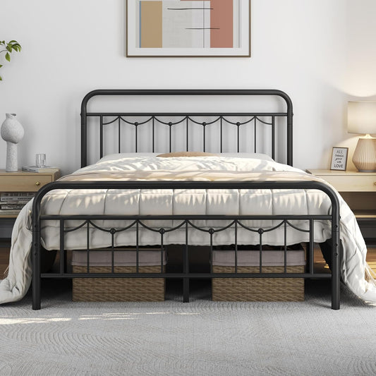 Queen Size Metal Bed Frames with Vintage Headboard and Footboard, Farmhouse Metal Platform Bed, Heavy Duty Steel Slat Support, Ample Under-Bed Storage, No Box Spring Needed, Black