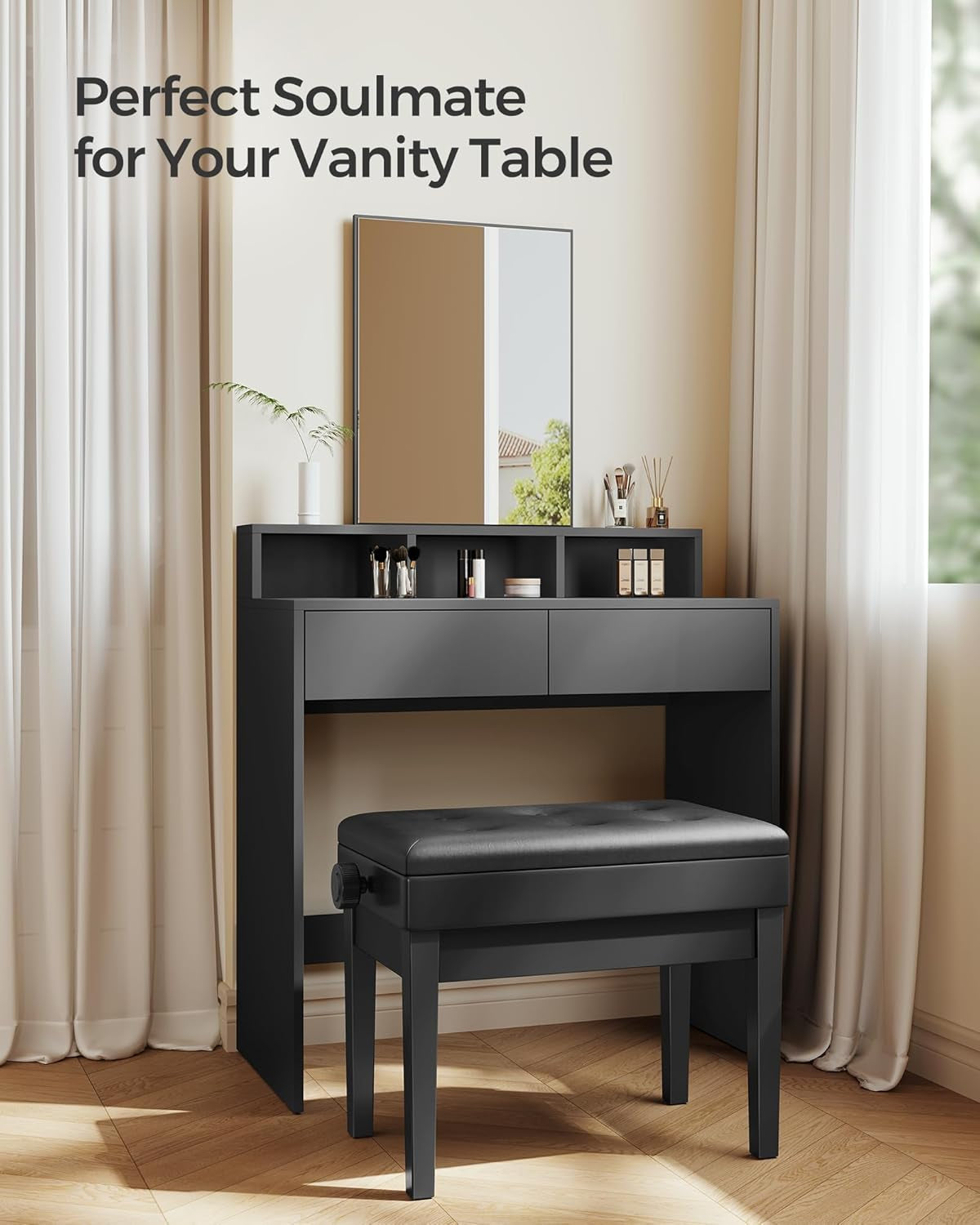 Adjustable Wooden Piano Bench Stool with Sheet Music Storage Black ULPB57H