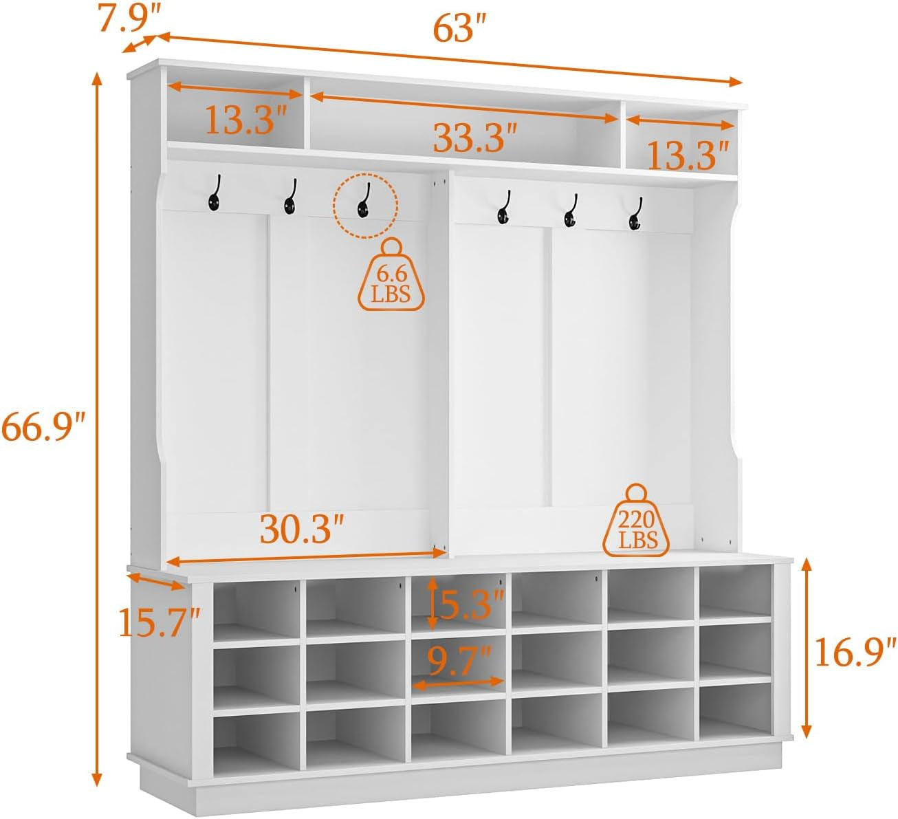 Extra Large Hall Tree with Bench and Shoe Storage, Multi-Purpose Entryway Bench with Coat Rack, Adjustable Shelves, 6 Double Hooks and 21 Open Compartments, White