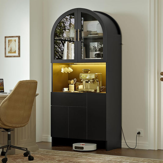 Arched Pantry Cabinet with Power Outlet & LED Light, 71" Extra-Wide Kitchen Storage Hutch with Top Glass & Bottom Solid Doors, Freestanding Organizer for Coffee Bar, Dining Room & Office (Black)