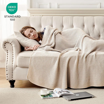 Chunky Cable Knit Throw Blanket, Lightweight 100% Organic Cotton Soft Cozy Throw Twin Blanket for Couch Bed and Sofa, Rustic Breathable Farmhouse Blanket Gift for Women Men(Beige, 51"X63")