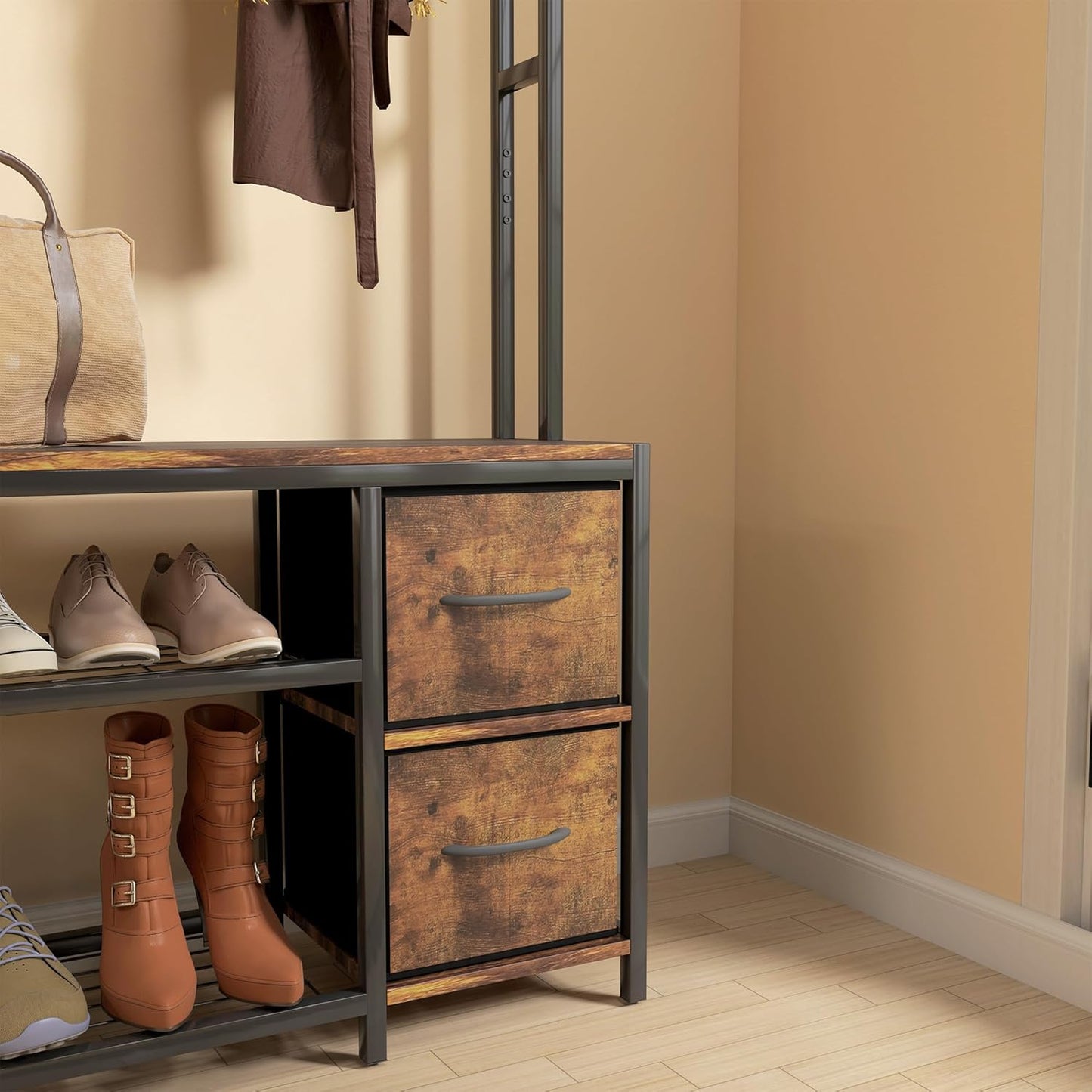 Hall Tree with Bench and Shoe Storage, 5-In-1 Entryway Bench with Coat Rack, 3 Storage Compartments, 5 Coat Hooks, 2 Fabric Drawers, Distressed Dark Brown