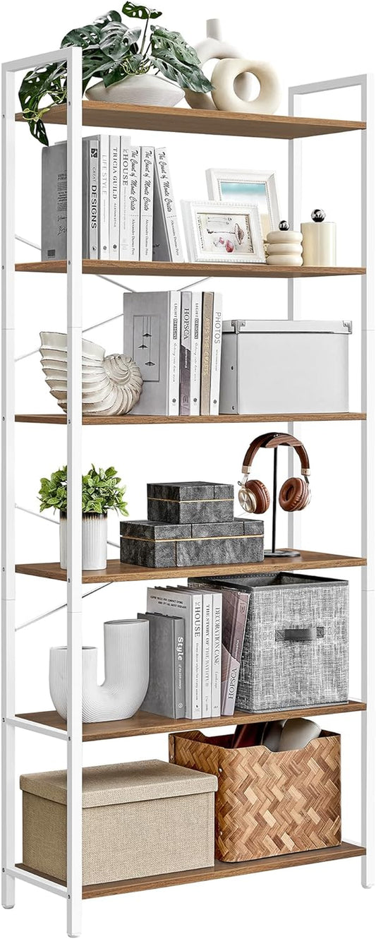 6-Tier Bookshelf, Bookcase with Steel Frame, Book Shelf for Living Room, Home Office, Study, 11.8 X 31.5 X 73.2 Inches, Industrial Style, Honey Brown and Cloud White ULLS082K01
