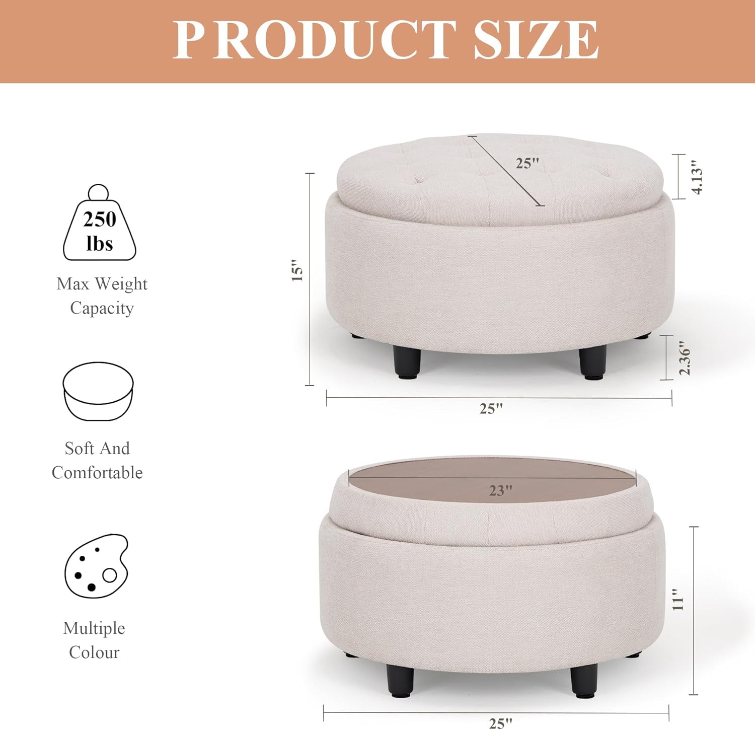 Fabric round Storage Ottoman with Reversible Tray Lid – Multi-Functional Footrest, Hidden Storage, Sturdy & Stylish Small Coffee Table for Living Room, Bedroom, or Entryway(Beige)