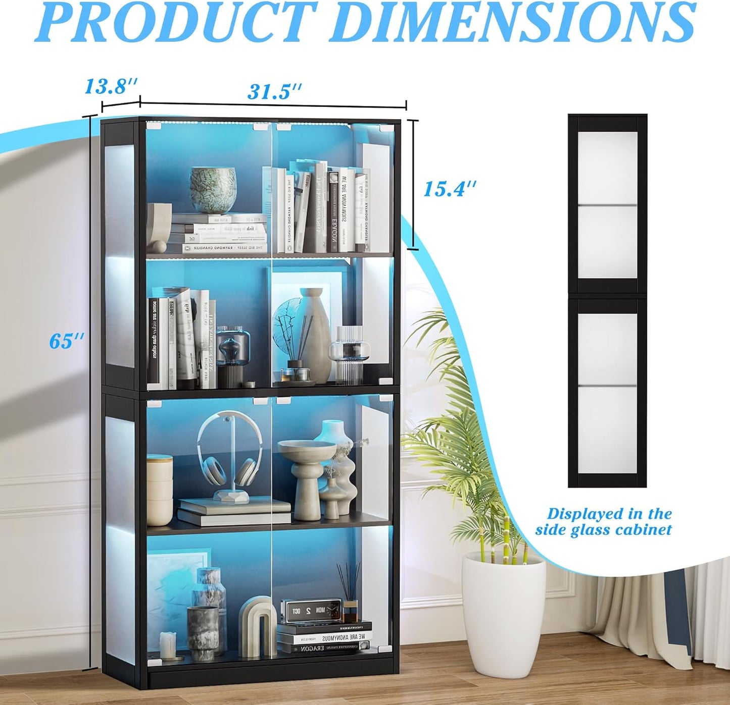 RGB Glass Display Cabinet, App & Remote Controlled Display Case with Music Sync, 4-Tier Tall Curio Cabinet for Collectibles Storage, Tall Bookcase with 4 Shelves (Black, 14"D X 32"W X 65"H)