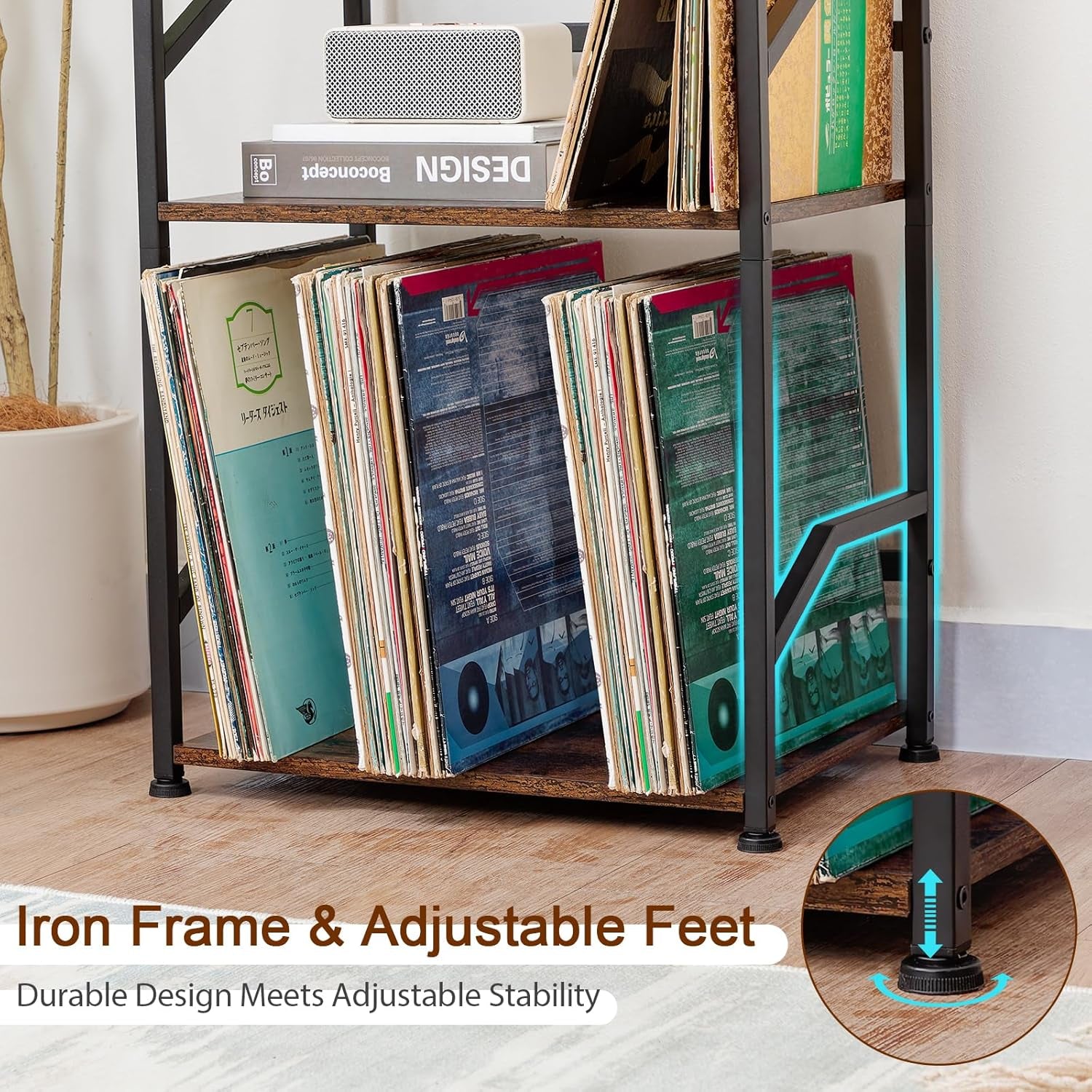 Record Player Stand, Vinyl Record Storage up to 200 Albums, 3 Tier End Table with Removable Dividers, Tall Side Table for Living Room, Bedroom, Rustic Brown, HETCD010BR-1