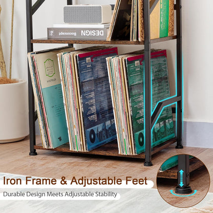 Record Player Stand, Vinyl Record Storage up to 200 Albums, 3 Tier End Table with Removable Dividers, Tall Side Table for Living Room, Bedroom, Rustic Brown, HETCD010BR-1