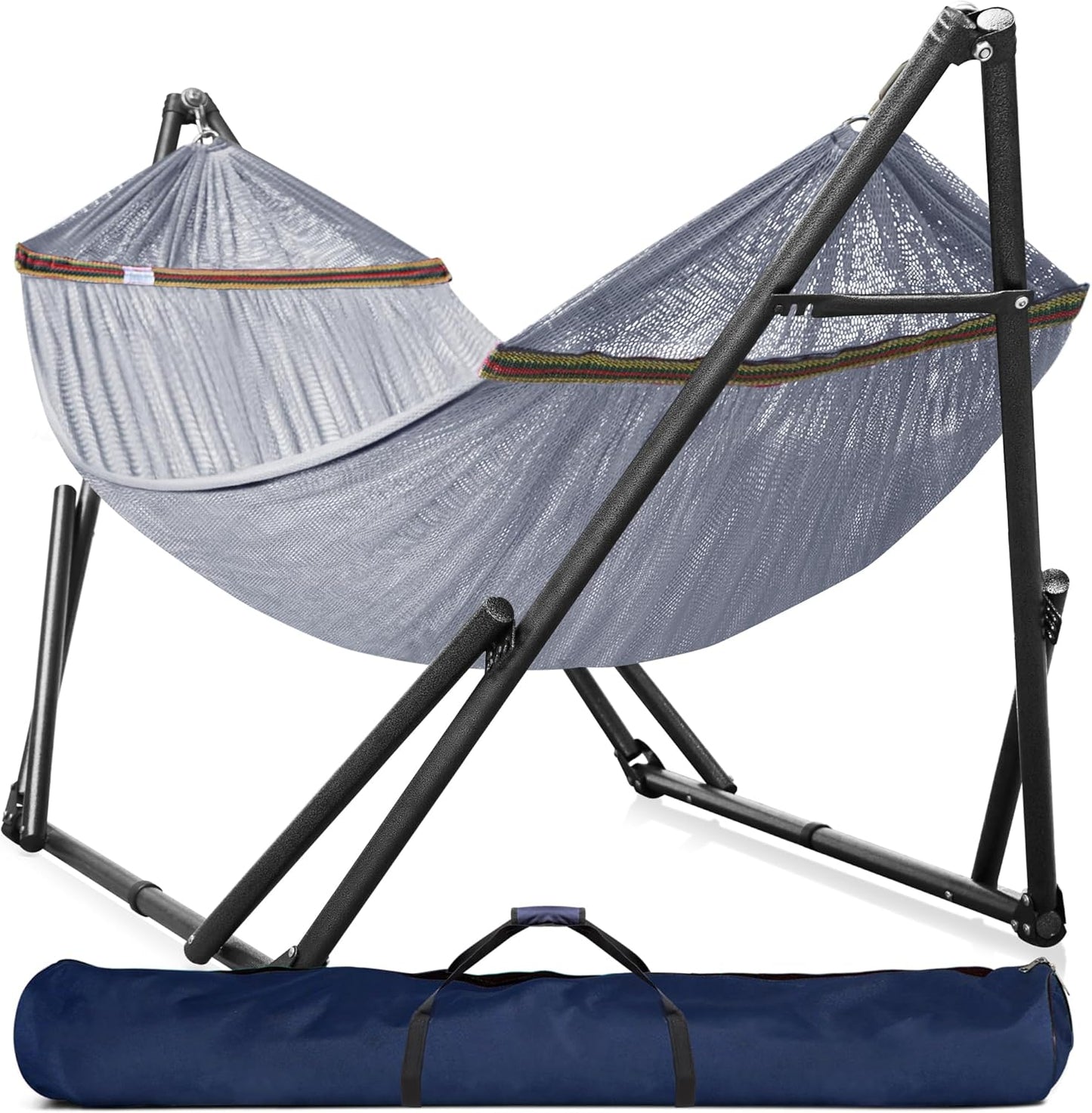 Universal Double Hammock with Stand Included for 2 Persons/Foldable Hammock Stand 600 Lbs Capacity Portable Case - Inhouse, Outdoor, Camping, Grey
